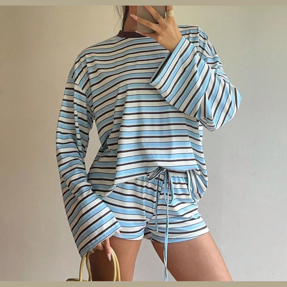 Blue Cream Striped Contrast Trim Long Sleeve Tee and Mini Shorts Set